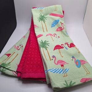 Flamingo Print Kitchen Towels Green And Pink Towels Tropical Theme
